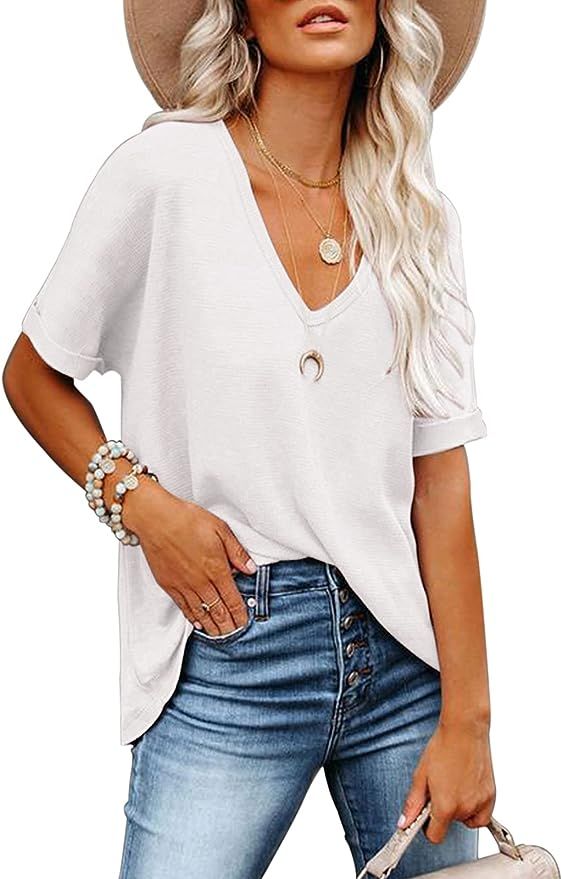 YIBOCK Women's V Neck T Shirts Rolled Short Sleeve Waffle Knit Summer Casual Tops Tees Blouse | Amazon (US)