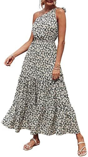 PRETTYGARDEN Women's Summer Floral One Shoulder Maxi Dress Knot Ruffle Boho Beach Vacation Weddin... | Amazon (US)