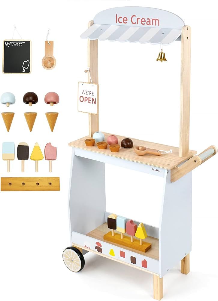 PairPear Wooden Toys Ice Cream Cart,Toddler Grocery Store Ice Cream Counter Playset for Kids,Pret... | Amazon (US)