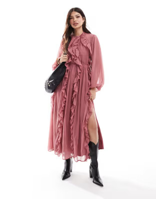 ASOS DESIGN frilly high neck maxi dress in pink | ASOS (Global)