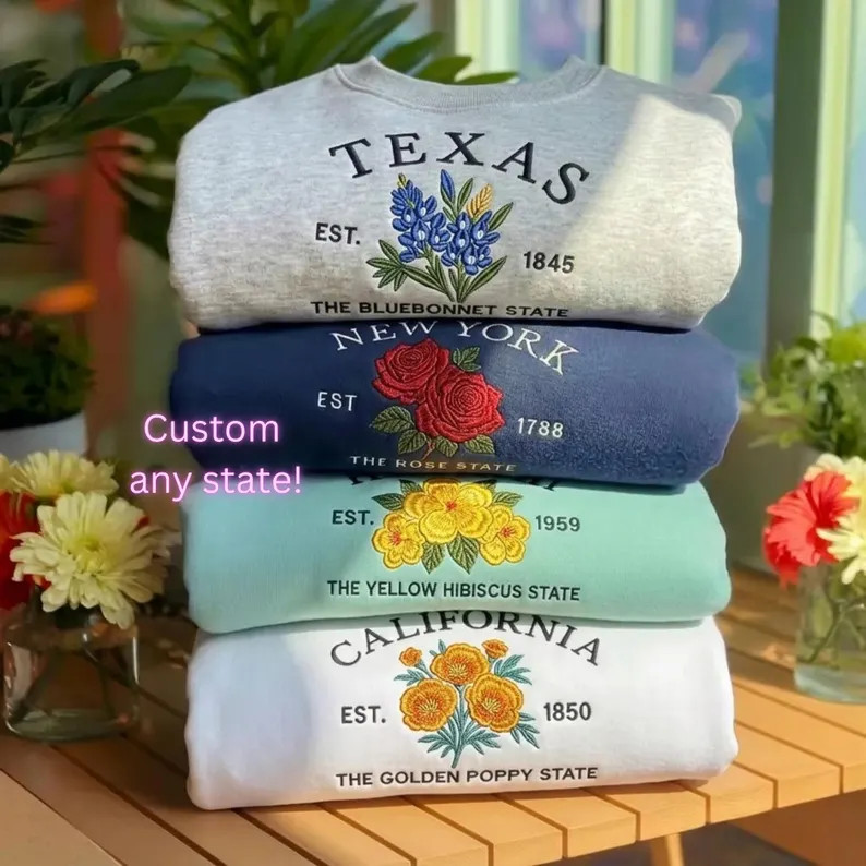 Custom State Flower Sweatshirt, Georgia Louisiana California Embroidered Crewneck, Personalize St... | Etsy (Global)