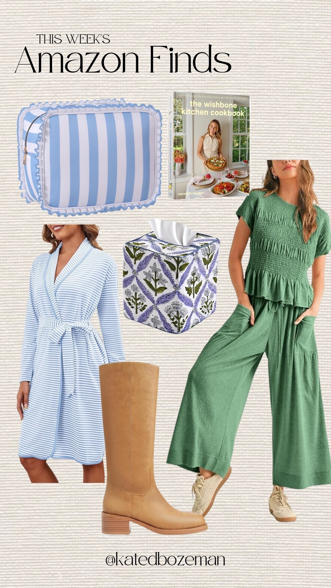This week’s Amazon Finds 🤍 A mix of cozy + classic favorites I’ve been loving lately — from the prettiest striped toiletry bag and softest robe, to chic neutral boots and a comfy matching set you’ll live in. Also grabbed this cookbook that’s full of easy, cozy recipes and looks so cute on your counter. Linking everything on my Amazon storefront  too✨
Amazon finds, Amazon fashion, Amazon home, cozy fall finds, Amazon favorites, best Amazon products, Amazon gift ideas, holiday Amazon finds, Amazon boots, Amazon lounge set, affordable Amazon fashion, Amazon home decor, cozy Amazon must haves, striped makeup bag, robe from Amazon, matching set outfit, Wishbone Kitchen cookbook, Meredith Hayden cookbook, Amazon kitchen favorites, neutral fall style

#LTKFindsUnder50 #LTKSeasonal #LTKGiftGuide