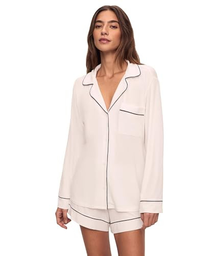 Eberjey Gisele Long Sleeve Top & Short PJ Set for Women - Tencel Modal-blend Construction - Relaxed Fit Pure Ivory/Navy LG One Size | Amazon (US)