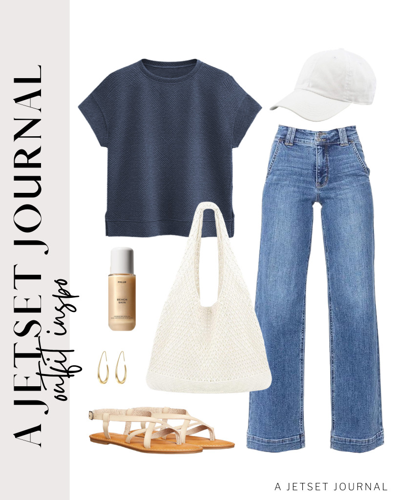 Another outfit idea is this combination of a navy blue EVALESS crewneck top and wide-leg jeans. You’ll love this crochet beach tote bag from COOKOOKY and Amazon Essentials’ strappy sandals duo that go well with this outfit. Don’t forget to wear these classy teardrop earrings!

#LTKSeasonal #LTKSaleAlert #LTKTravel
 

 