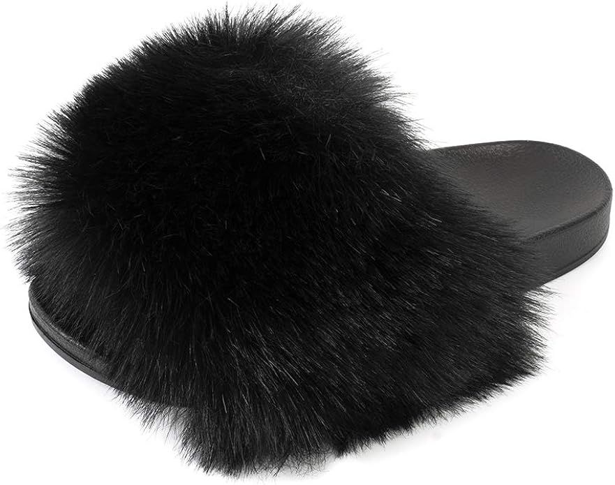 Funkymonkey Women's Slides Faux Fur Cute Fuzzy Slippers Comfort Flat Sandals | Amazon (US)