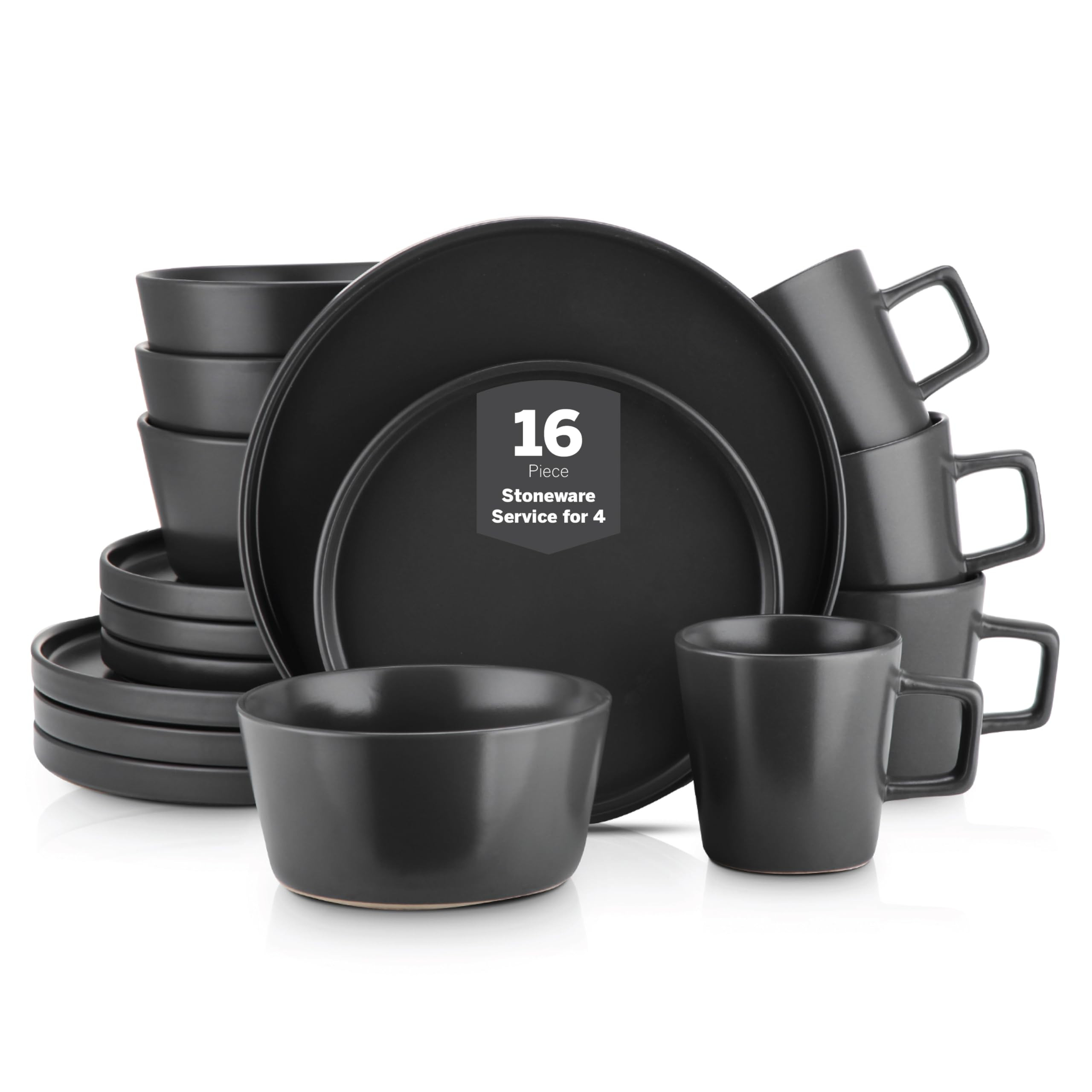 Stone Lain Celina Stoneware 16 Piece Dinnerware Set, Plates and Bowls, Black Matte Dish, Service ... | Amazon (US)