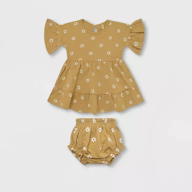 Q by Quincy Mae Baby Girls' 2pc Floral Brushed Jersey Dress - Honey/White | Target