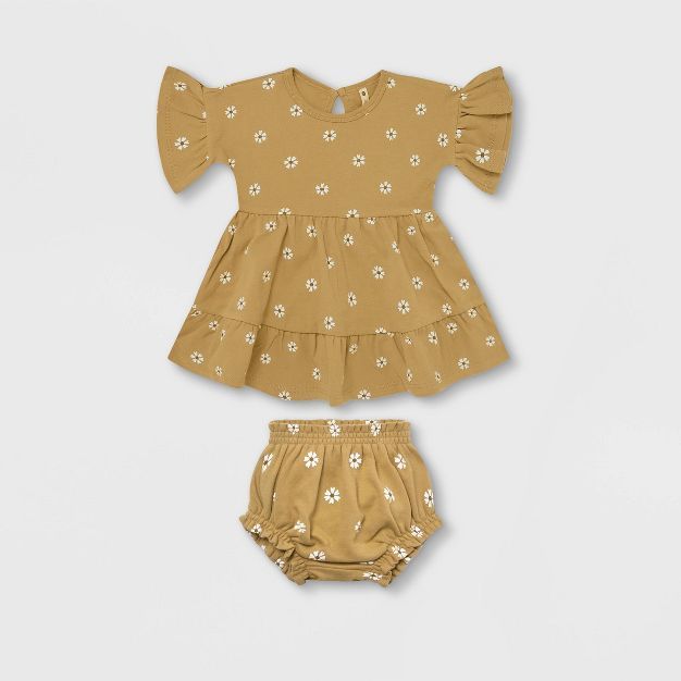 Q by Quincy Mae Baby Girls' 2pc Floral Brushed Jersey Dress - Honey/White | Target