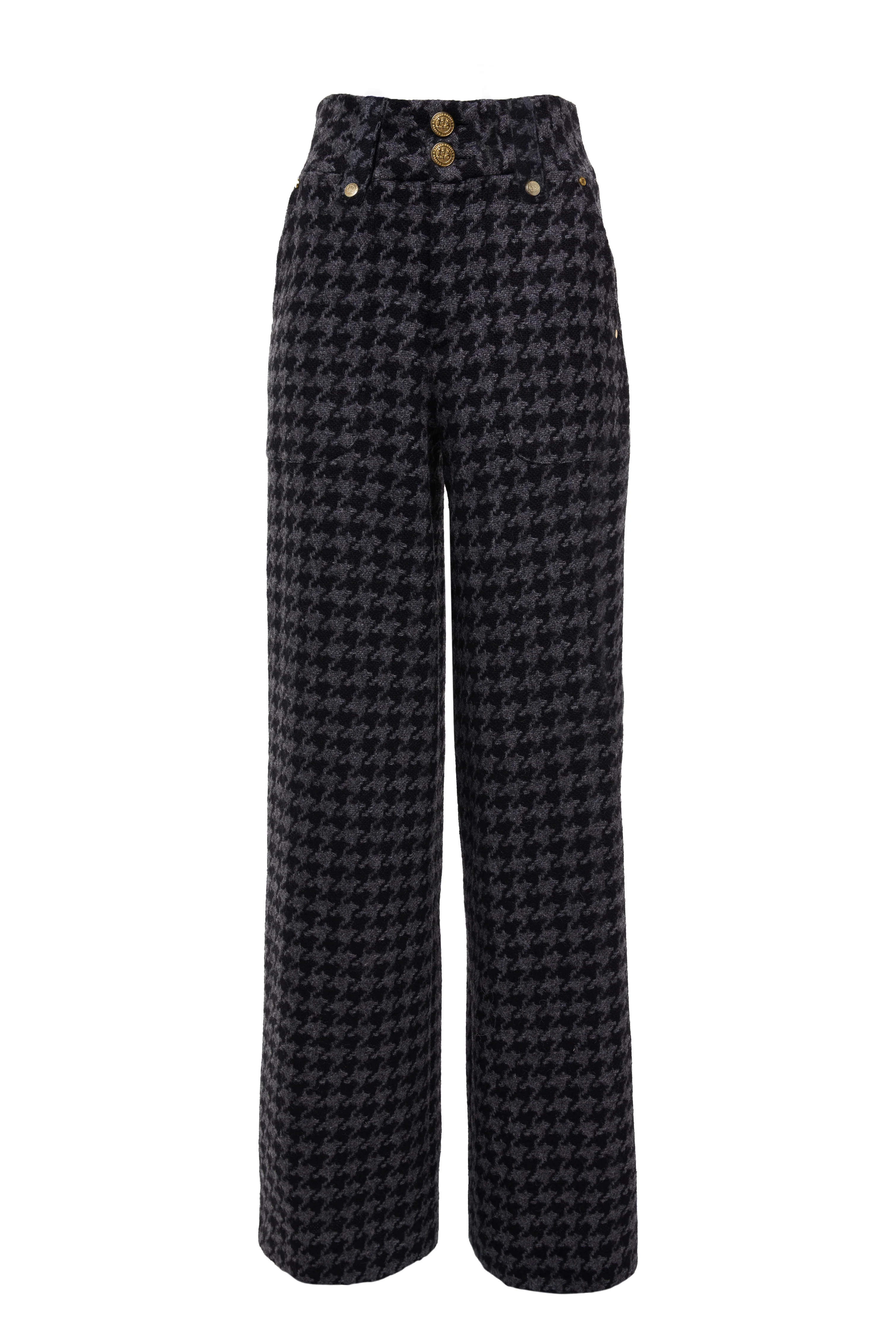 High Waisted Straight Trouser (Large Scale Charcoal Houndstooth) | Holland Cooper