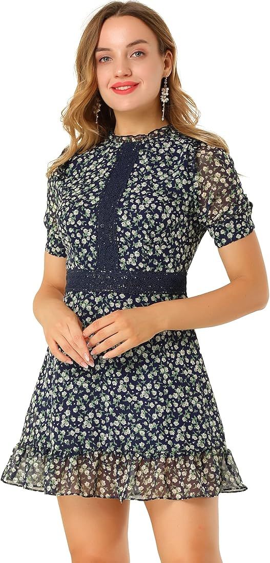 Allegra K Women's Dots Fit and Flare Ruffle Hem Floral Lace Inset Mini Dress | Amazon (US)