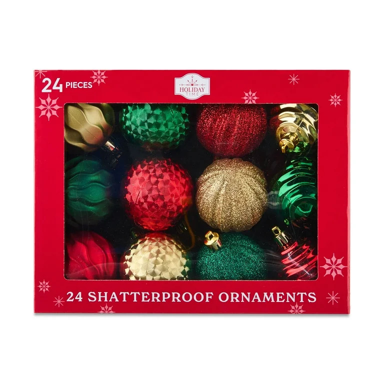 24-Count Red, Green, and Gold Shatterproof Multi-Textured Christmas Ornaments, 2.36 in, by Holida... | Walmart (US)