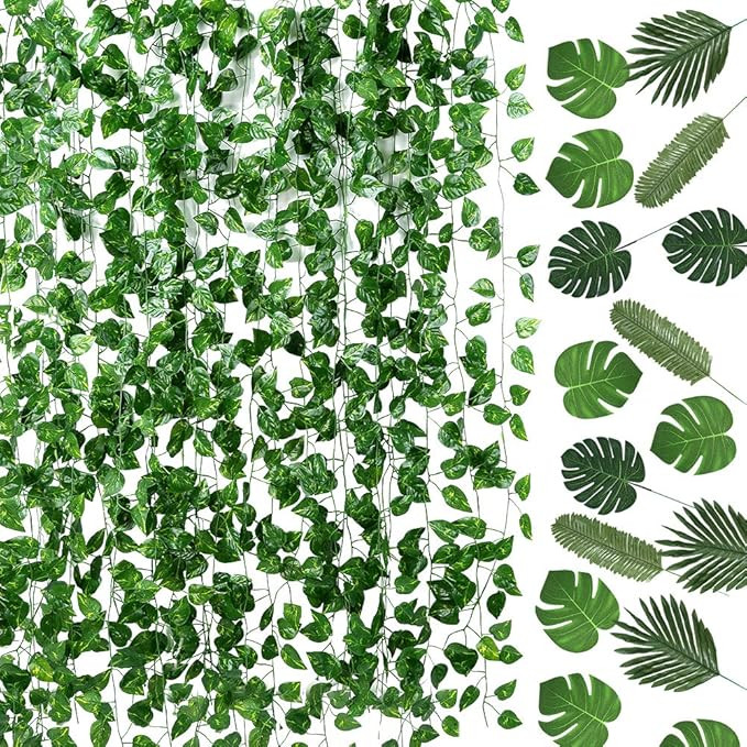 Auihiay 93 FT 12 Strands Artificial Ivy Leaf Plants Vine Garland and 24 Pieces Artificial Palm Le... | Amazon (US)