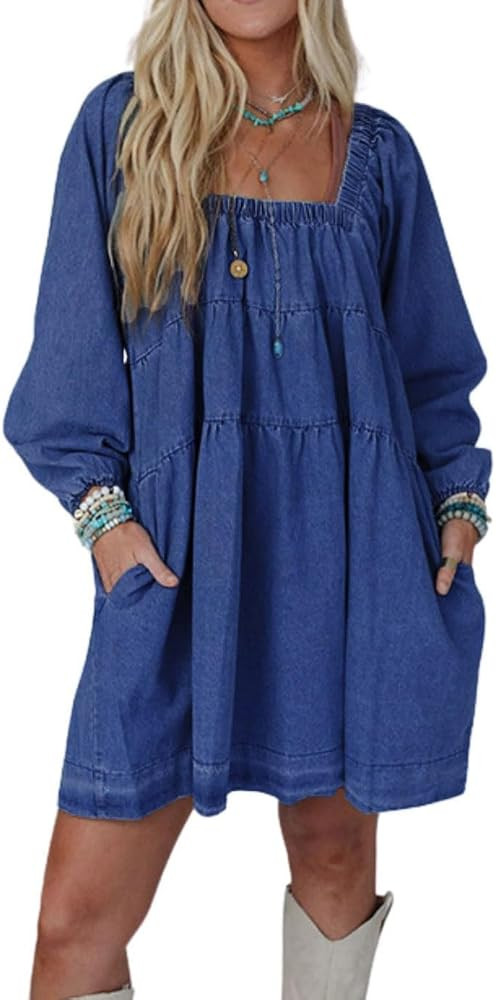 utcoco Women 2025 Trendy Casual Square Neck Denim Dress Tie Back Puff Sleeve Jean Mini Dress with... | Amazon (US)