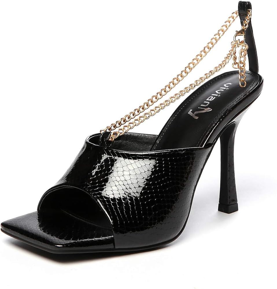 vivianly Women's Fashion Open Toe Chains Ankle Strap Stiletto Heel Chain Slip on Heeled Mules San... | Amazon (US)