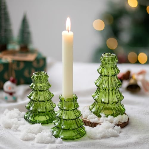 Hewory Christmas Tree Candle Holder: 3 Pcs Green Glass Candlestick Holders Indoor Christmas Decorations, Decorative Taper Candle Holders for Table Centerpiece Dinner Gathering Party Home Decor | Amazon (US)