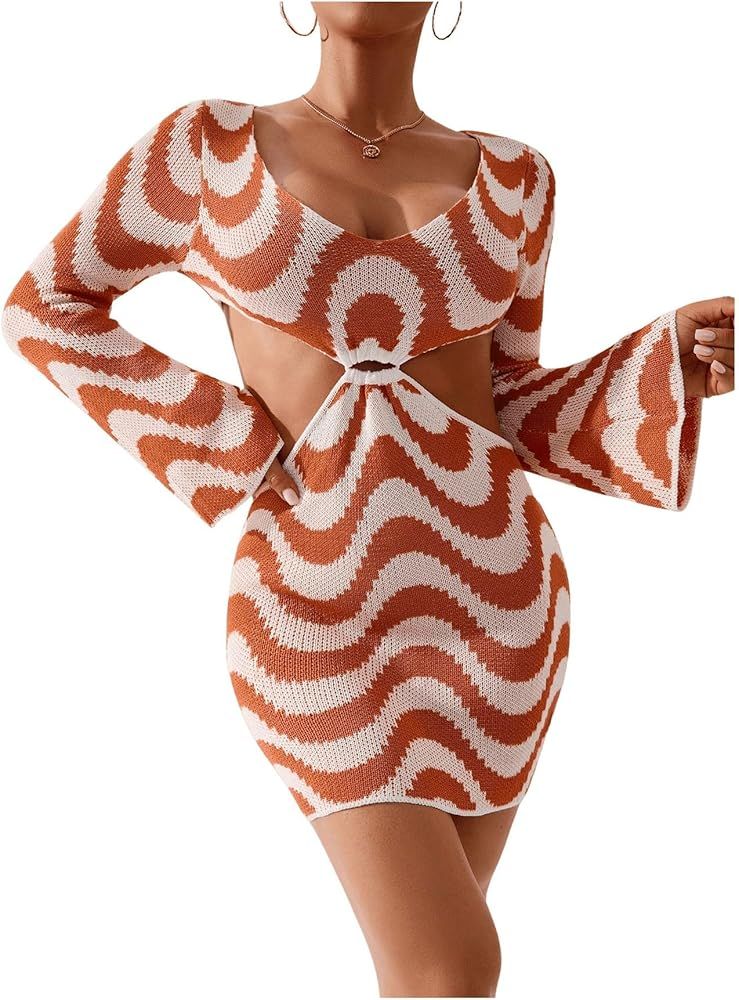 Women's Graphic Cut Out Long Sleeve Beach Swimsuit Cover Up Dress | Amazon (US)