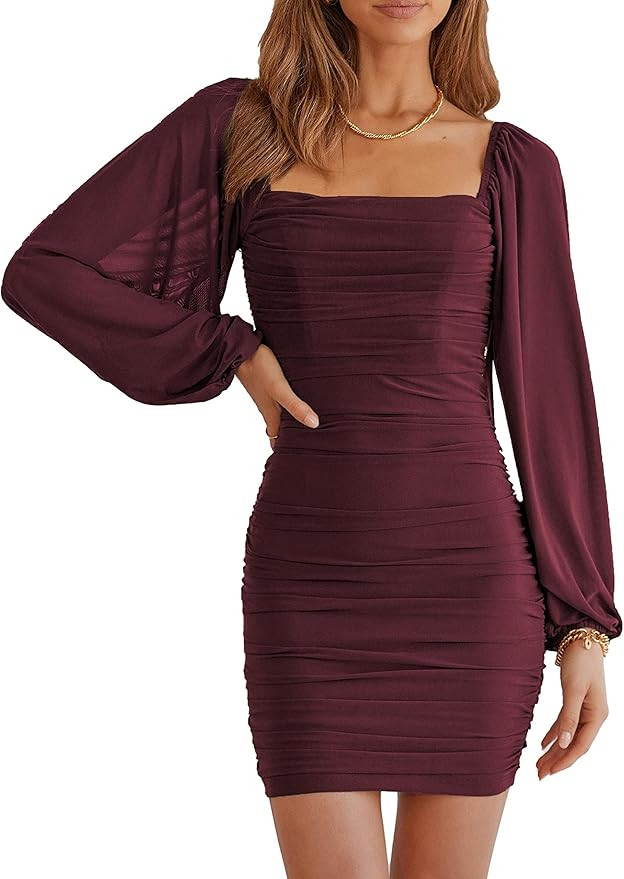 Amazon.com: MASCOMODA Women Elegant Square Neck Lantern Long Sleeve Mini Ruched Bodycon Dress Str... | Amazon (US)