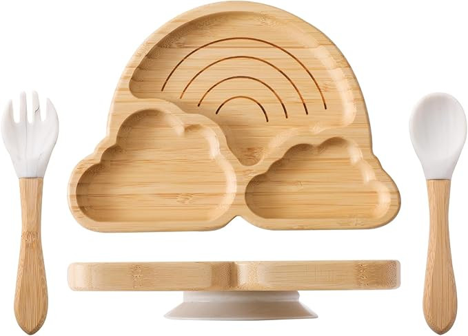 Bamboo Suction Plate for Baby Kid Toddler Plate Spoon Fork Set with Removable Silicone Suction Al... | Amazon (US)