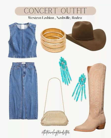 Love this country concert outfit idea with a denim midi skirt! Paired with tall cowboy boots, a gold handbag, and some turquoise jewelry, this is giving all the western chic vibes. Follow along for more western outfits, rodeo outfits, Nashville outfits and more!
11/27

#LTKstyletip #LTKparties #LTKSeasonal