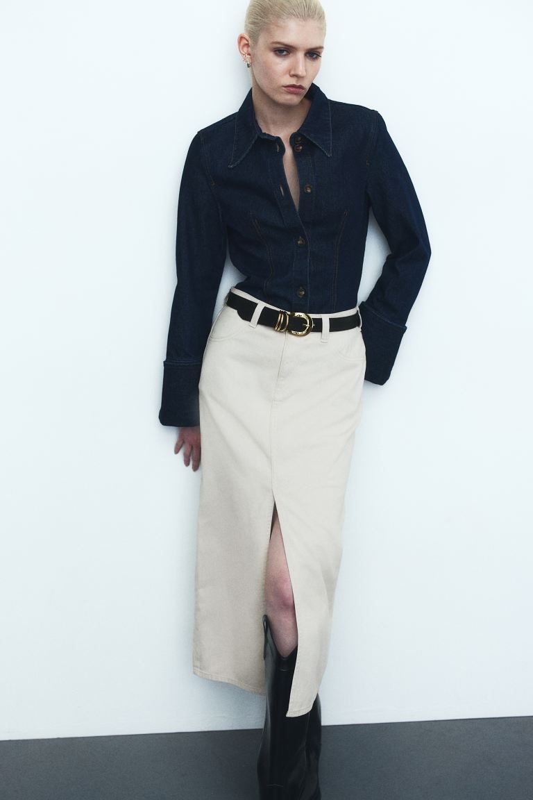 Slit-hem twill skirt - Light beige - Ladies | H&M GB | H&M (UK, MY, IN, SG, PH, TW, HK)