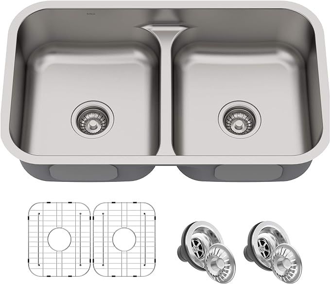 KRAUS KBU32 Premier 32-inch 16 Gauge Undermount 50/50 Double Bowl Kitchen Sink with Smart Low Div... | Amazon (US)