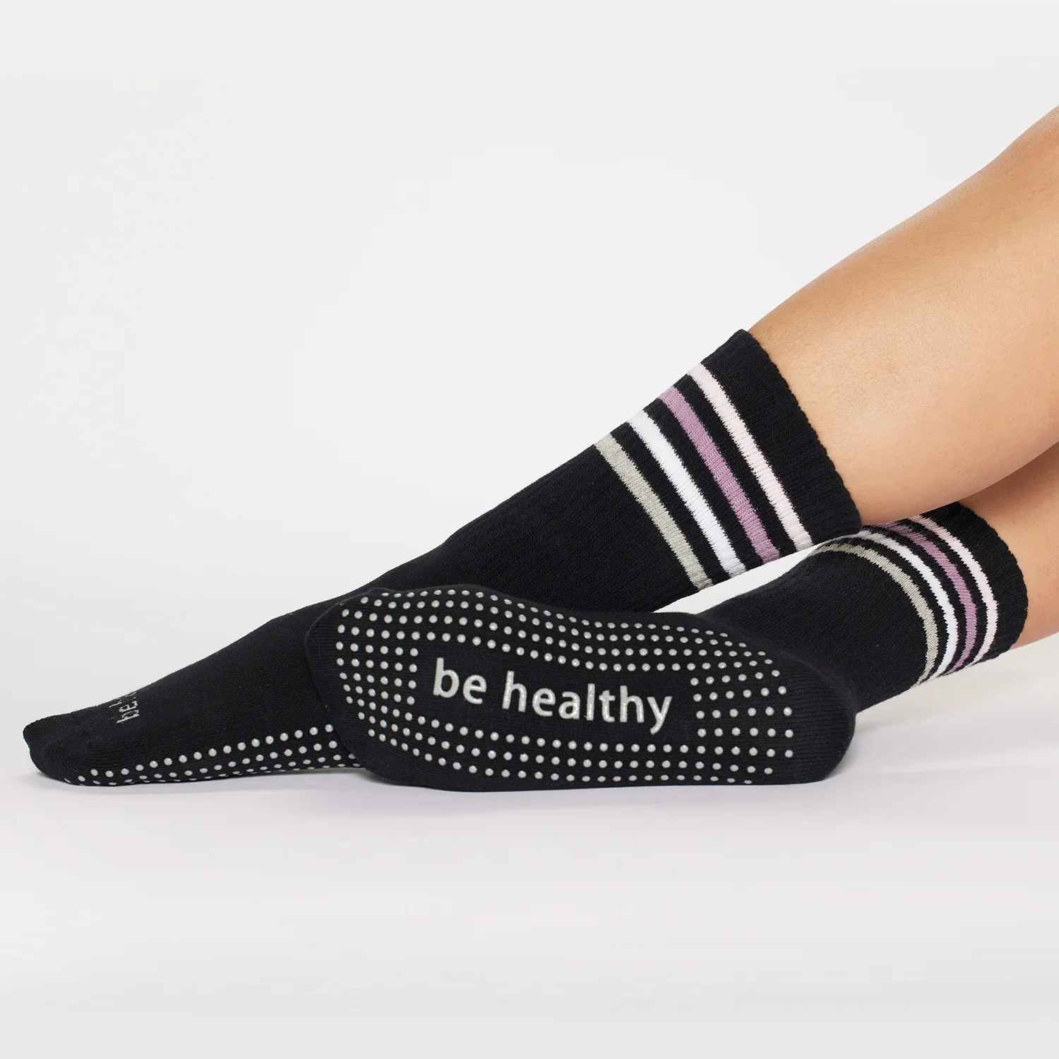 Be Healthy - Black / Baby Pink Crew Grip Socks | simplyWORKOUT