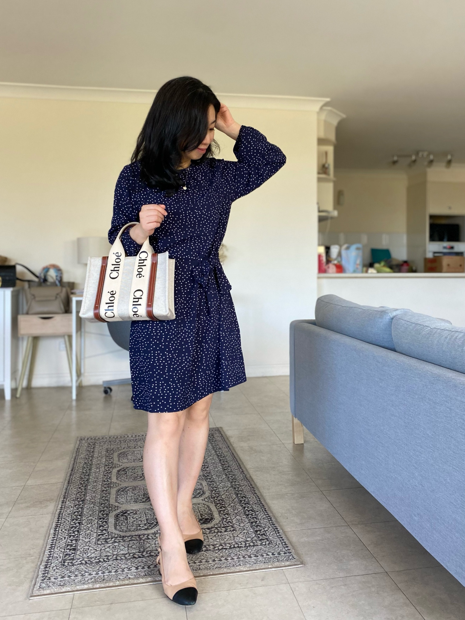 Cute little dress for under $40 with extra 40% off sale price! Navy long sleeve mini dress with white polka dots and waist tie. Comes in a short sleeve version also. Wearing usual AU sz 6. I plan on wearing mine for a #throwonandgo work dress for cooler days (or when office air con is 🥶). Also, these camel heels go with every outfit! Leather upper and did find them needing a bit of breaking in though. Found a similar pair for less. Try and catch these when there is a 30-40% off promo throughout the year  

#LTKsalealert #LTKfindsunder50 #LTKaustralia