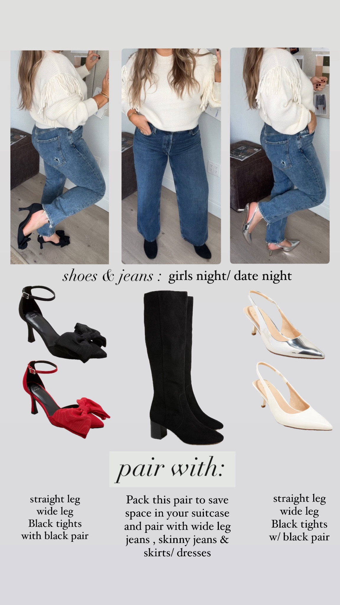 Favorite Shoes ( affordable heels!) & jeans pairings for date night/ going out

All shoes run true to size for wide feet

Consider sizing down in kitten heel sling backs if you have narrow feet 

Jeans are both 100% cotton- true to size ( loosen with wear) and have no stretch. My favorites! ( im 5’3 and these require no hemming and are full length button fly high rise ) 

Sweater- true to size (im in medium) size up if you want a roomier/ longer fit

Holiday heels 
Bow heels
Silver heels
Kitten heels
Suede boots
Black suede boots
Red shoes
Red heels
Agolde
Agolde jeans

#LTKFindsUnder50 #LTKSeasonal #LTKHoliday