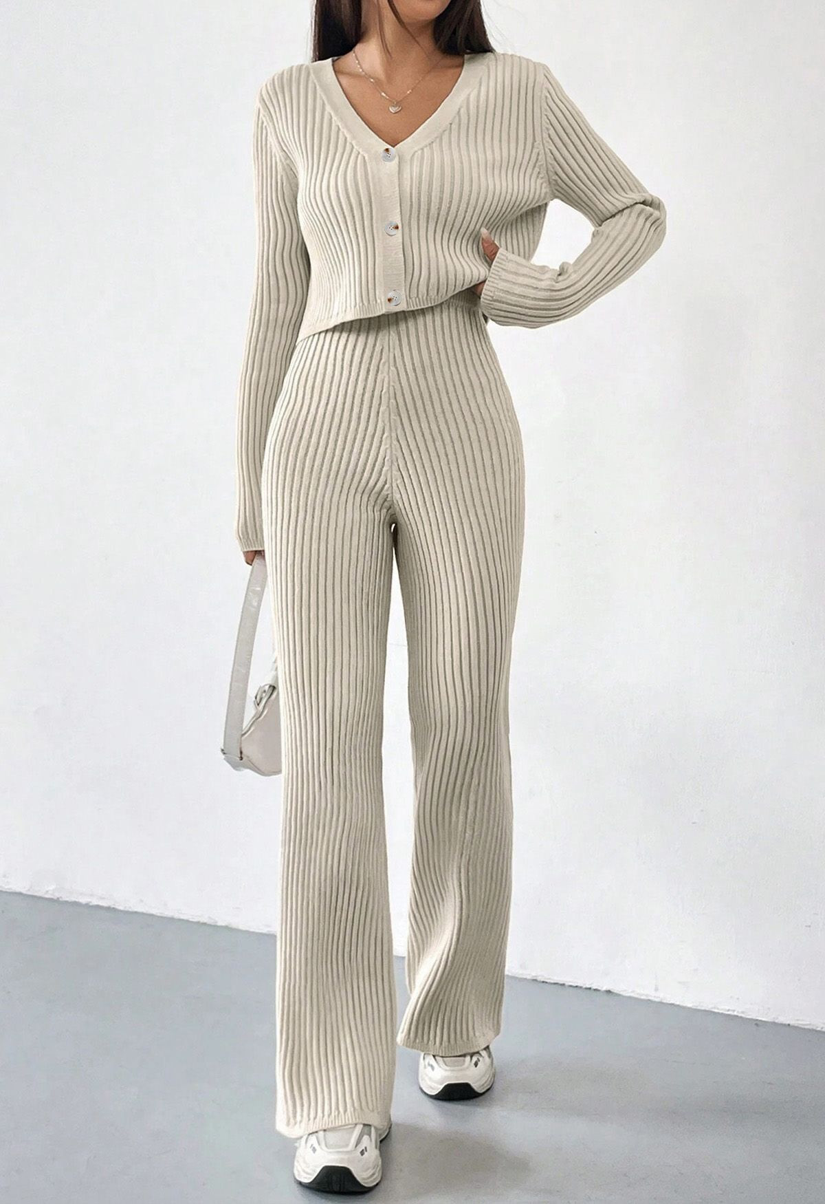 V-Neck Buttoned Knit Crop Cardigan and Flare Pants Set in Oatmeal | Chicwish