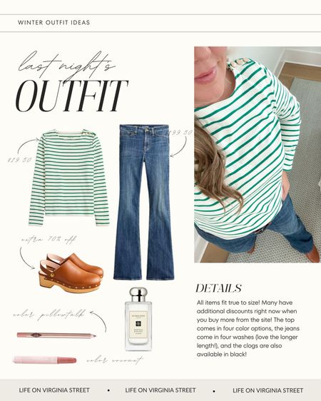 Last night's outfit includes a cute striped top with gold button collar, skinny flare jeans (the regular length is great even for taller gals), my favorite leather clogs, my favorite cologne and neutral lips. The clothes and shoes all fit true to size and most have additional discounts today with buy more/save more!
.
#ltksalealert #ltkover40 #ltkmidsize #ltkfindsunder50 #ltkfindsunder100 #ltkholiday #ltkhome #ltkbeauty

#LTKsalealert #LTKfindsunder100 #LTKfindsunder50