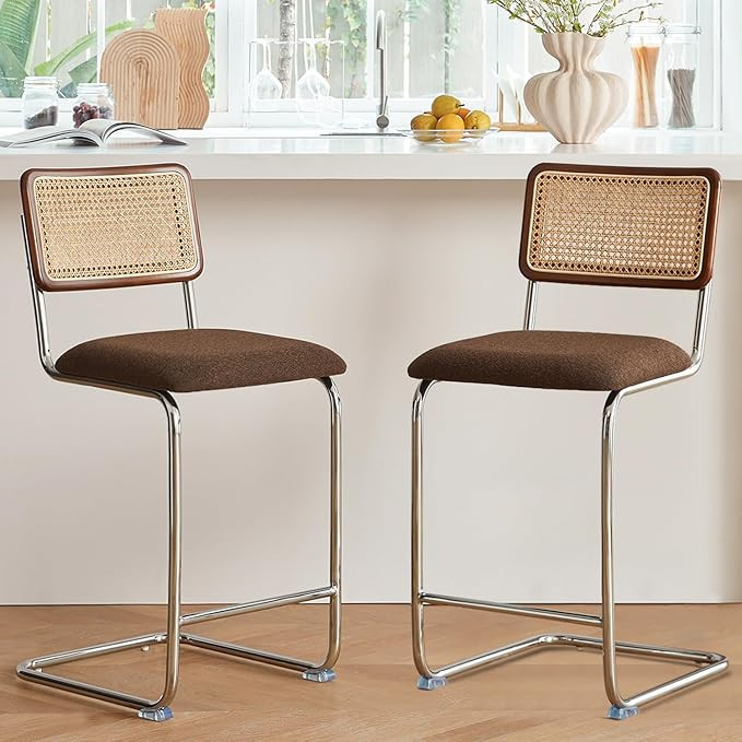 Natural Rattan Counter Height Stools Set of 2 with Solid Wood Back, 24 Inch Mid Century Modern Ce... | Amazon (US)