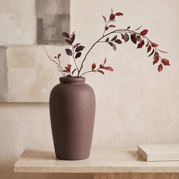 Brown Ceramic Vase, Tall Ribbed Flower Vase for Rustic Home Decor | Amazon (US)