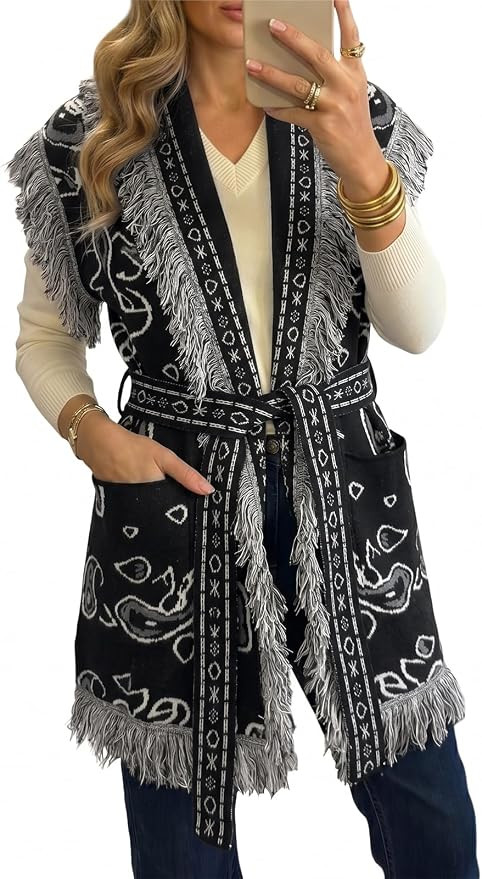Saodimallsu Womens Sleeveless Long Cardigan Sweaters Fringe Shawl Collar Boho Paisley Wrap Belted... | Amazon (US)