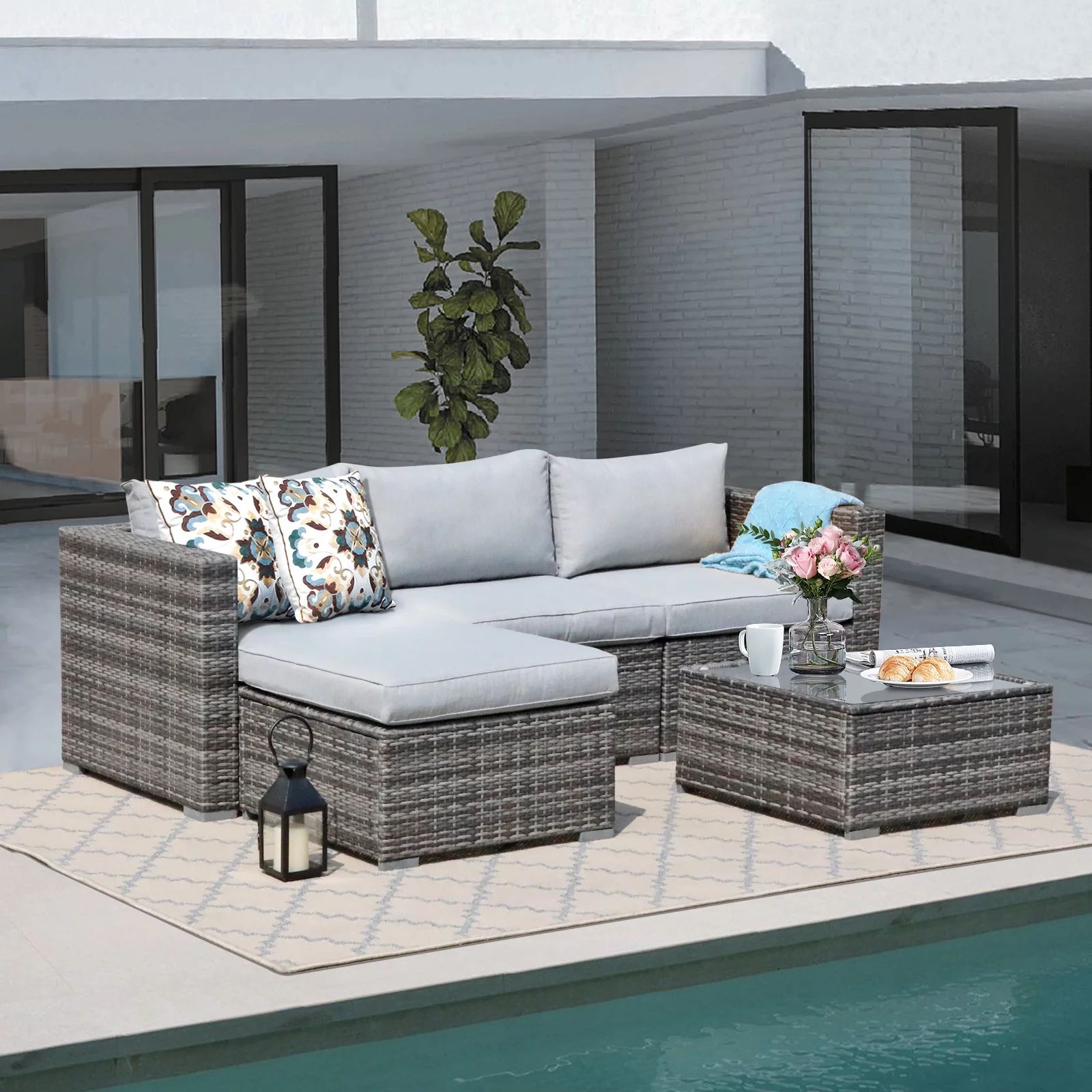 JOIVI 5 Pieces Outdoor Patio Furniture Set, All Weather PE Gray Wicker Rattan Sectional Furniture... | Walmart (US)