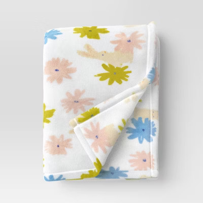Recycled Poly Printed Floral and Bunny Plush Throw White/Blue - Room Essentials™ | Target