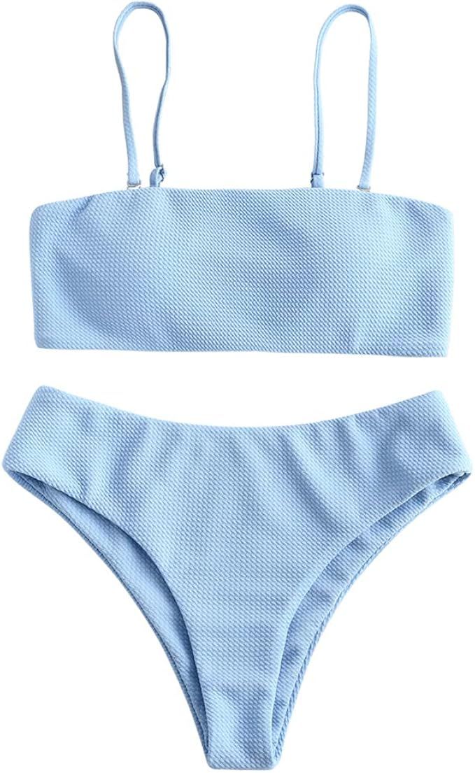 ZAFUL Bikini Textured Removable Straps Padded Bandeau Two Piece Bathing Suits for Women | Amazon (US)