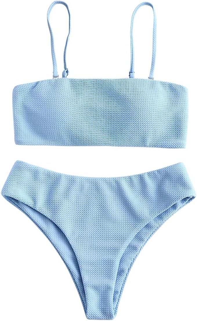 ZAFUL Bikini Textured Removable Straps Padded Bandeau Two Piece Bathing Suits for Women | Amazon (US)