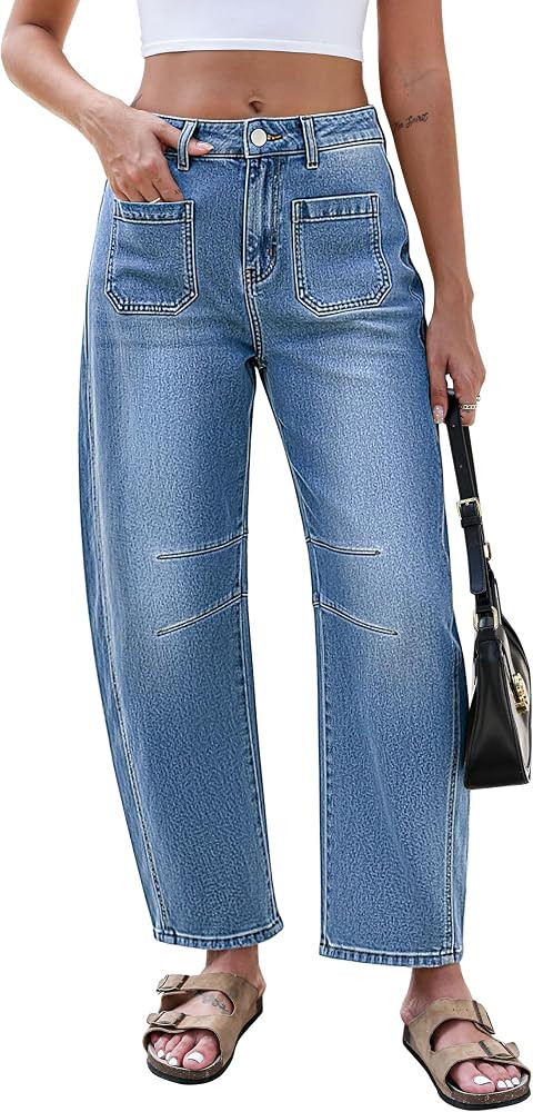 Eddoyee Wide Leg Barrel Pants Women - Stretchy High Waist Baggy Pants Y2k Boyfriend Ankle Trouser... | Amazon (US)