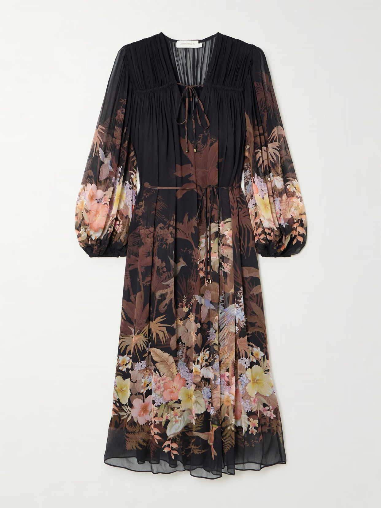 Zimmermann - Illuminate Drawn Belted Gathered Printed Crepon Midi Dress - Black | NET-A-PORTER (US)