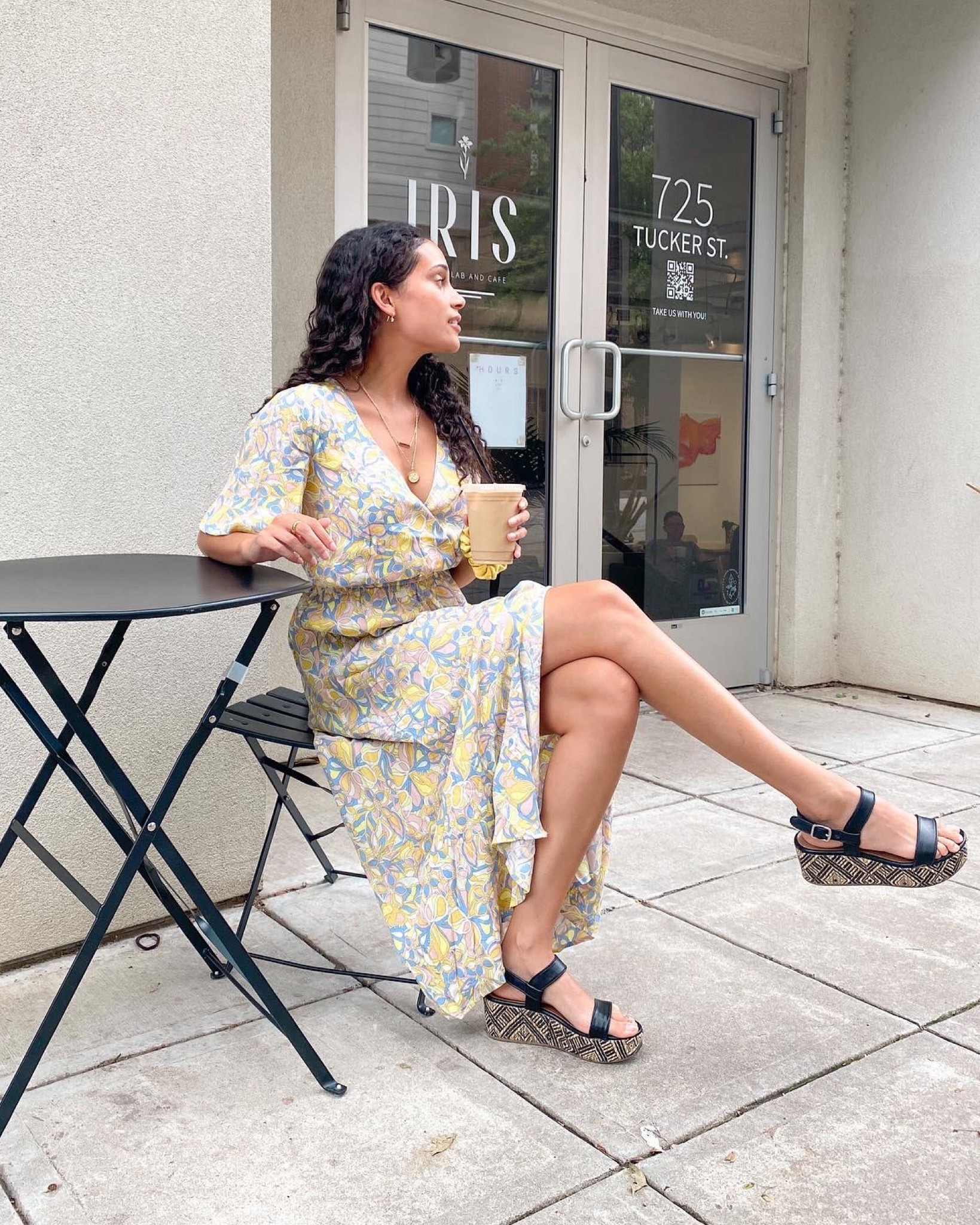 Patterned dress, graphic dress maxi dress yellow dress summer dress summer outfit summertime looks wedges wooden wedges strappy shoes