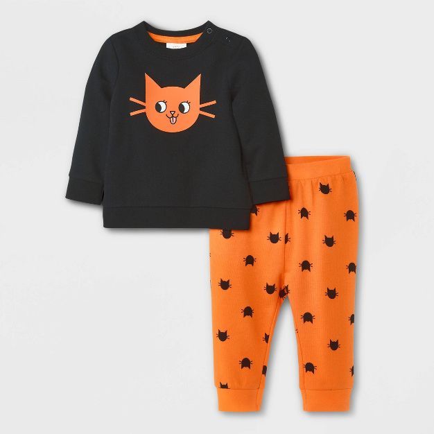 Baby Girls' 2pc Cat Halloween Long Sleeve Fleece Top & Bottom Set - Cat & Jack™ Black | Target