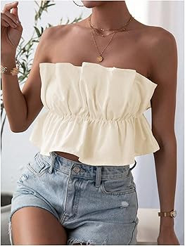 GORGLITTER Women's Strapless Bubble Tube Tops Ruffle Open Back Sleeveless Cute Summer Bandeau Pep... | Amazon (US)