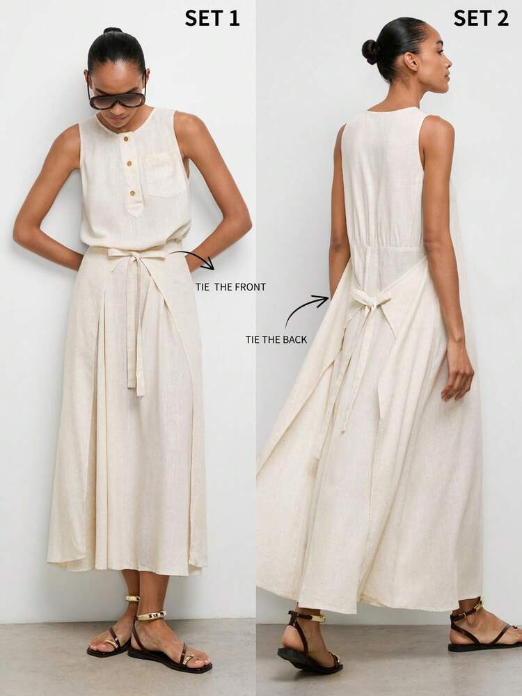 Maija Women's Casual Solid Color Sleeveless Tie-Up Wrap Long Dress, Casual Dresses , Beach Outfit,Vacation Outfits For Women,Summer Dresses For Women | SHEIN