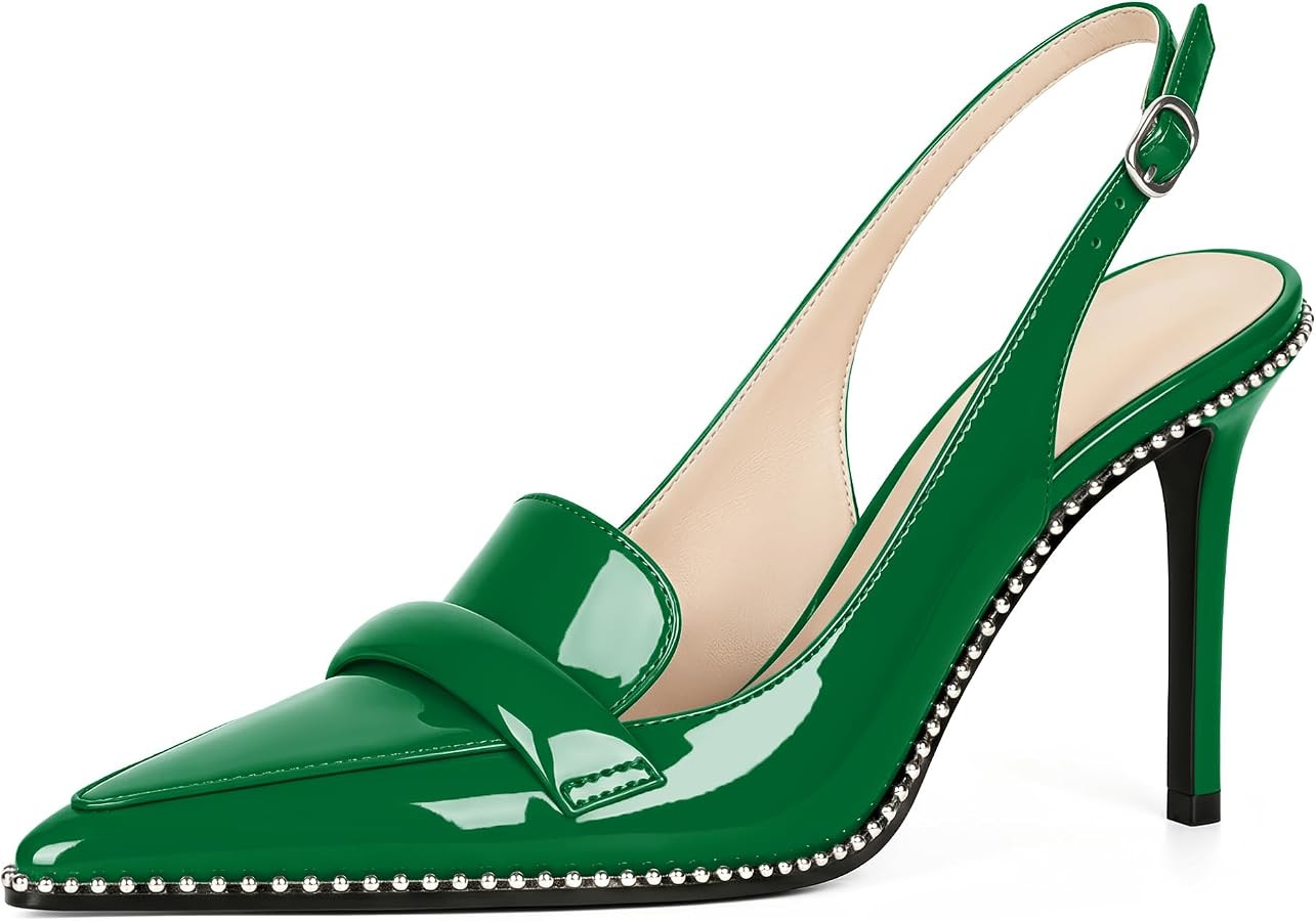 Esvowido Slingback Heels for Women Stilettos Beaded Pointed Toe Shoes Slip On Loafers Pumps High ... | Amazon (US)