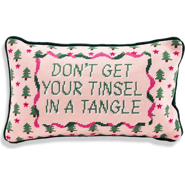 Furbish Studio | Tinsel in a Tangle Needlepoint Pillow, Pink, Green | Maisonette | Maisonette