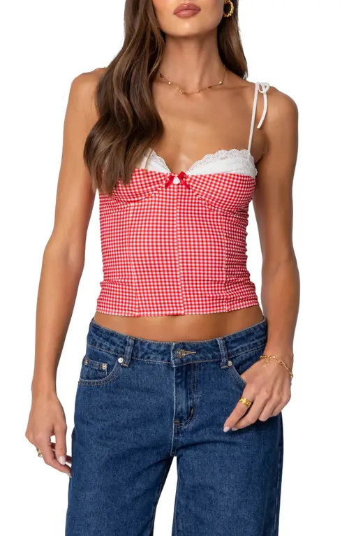 EDIKTED Peekaboo Lacy Gingham Corset Top in Red at Nordstrom, Size Small | Nordstrom