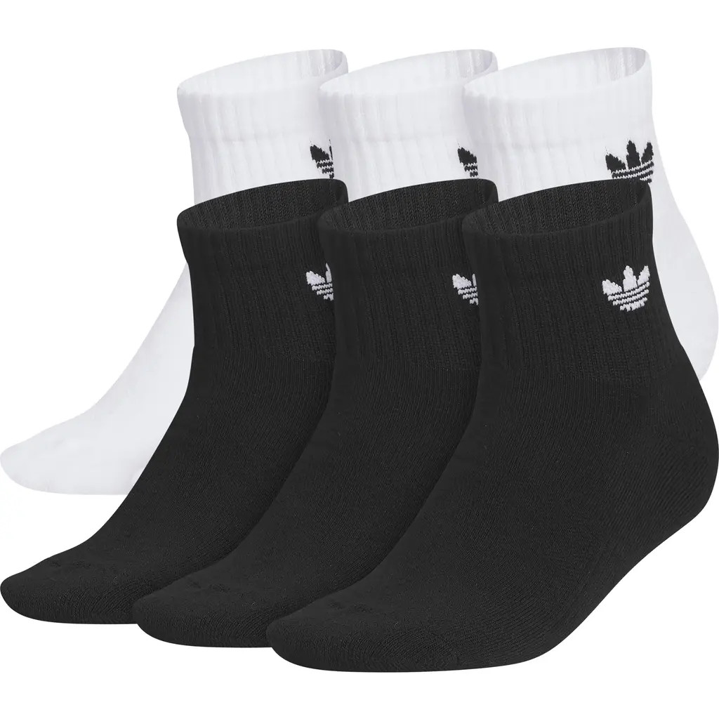 adidas Kids' Originals Trefoil Assorted 6-Pack Quarter Socks in White/black at Nordstrom, Size Medium | Nordstrom