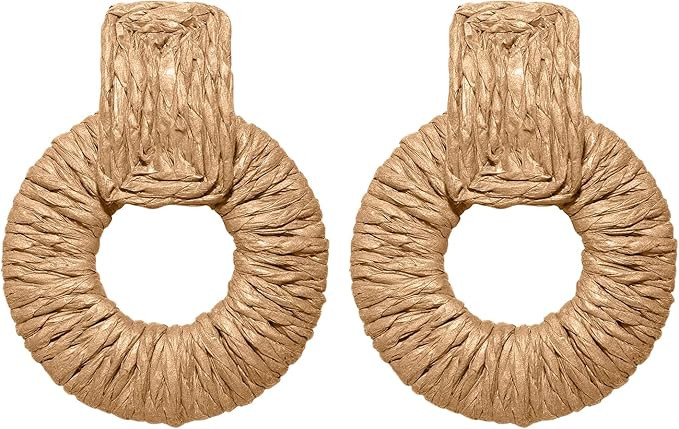 Rattan Earrings for Women Handmade Straw Raffia Woven Hoop Dangle Earrings Boho Summer Beach Acce... | Amazon (US)