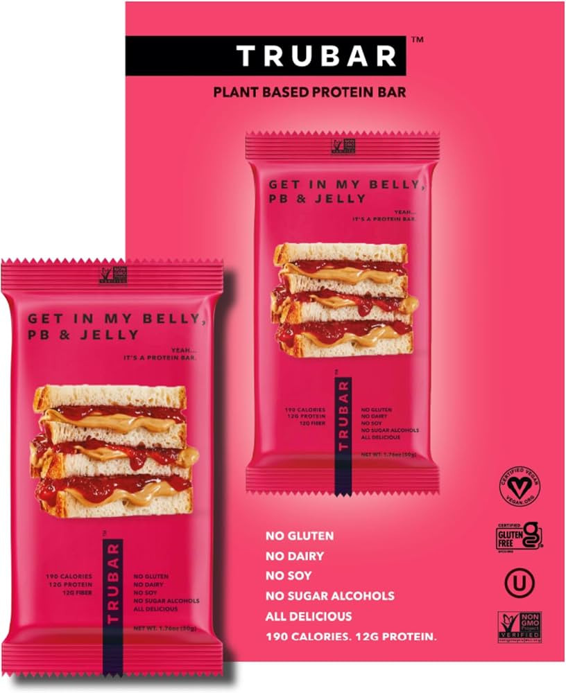 TRUBAR Vegan Protein Bar, Get In My Belly Pb & Jelly, Gluten Free, Plant Based, High Fiber, Dairy... | Amazon (US)