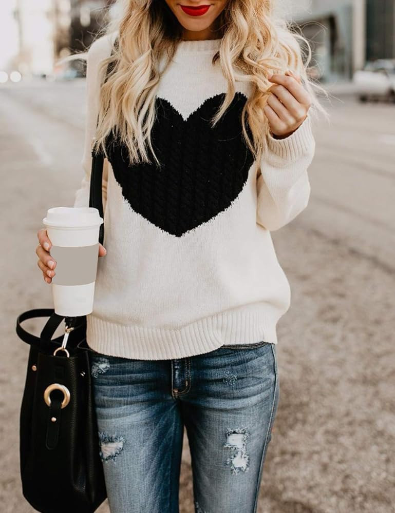 Alsol Lamesa Women’s Cute Heart Sweater Crew Neck Long Sleeve Casual Pullover Knitted Valentine... | Amazon (US)